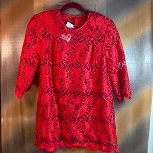 TAILOR Made Red Crochet Lace Top Stunning See Thru Blouse Long‎ Sleeves Size M